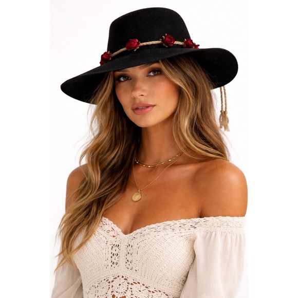 Lovely Bird‎ Black 100% Wool Wide Brim Fedora Hat Red Rose Rope Band